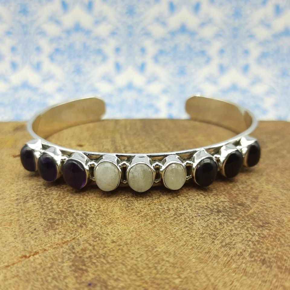 Moonstone n Amethyst Oval Shape Bracelet Handmade 925 Sterling Silver Fine Jewelry