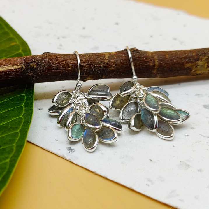 Handcrafted Silver Leaf Cluster Labradorite Dangle Earrings