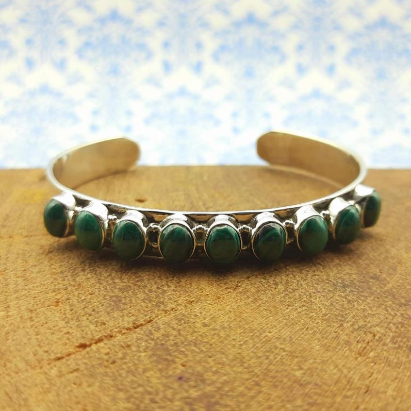 Natural Malachite Oval Shape Bracelet Handmade 925 Sterling Silver Jewelry