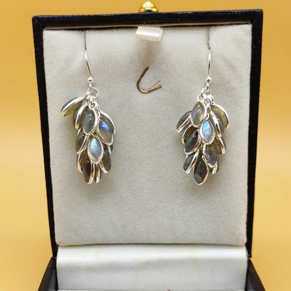 Handcrafted Silver Leaf Cluster Labradorite Dangle Earrings