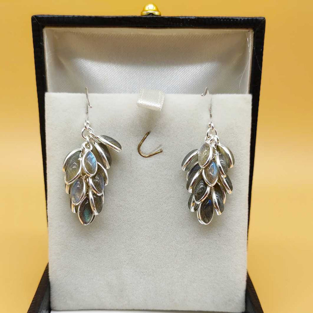 Handcrafted Silver Leaf Cluster Labradorite Dangle Earrings