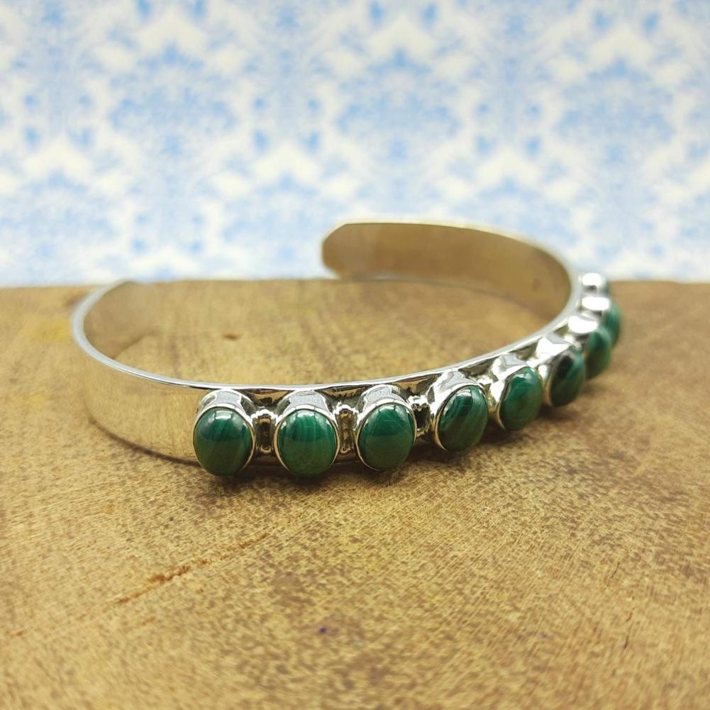Natural Malachite Oval Shape Bracelet Handmade 925 Sterling Silver Jewelry