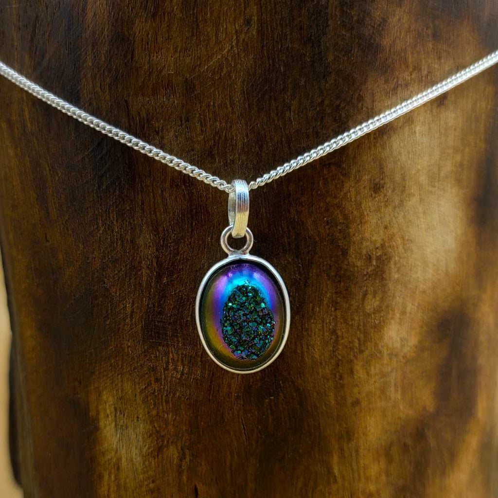 Titanium Druzy 925 Silver Dainty Chain Pendant Necklace