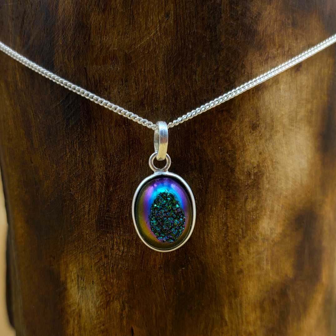 Titanium Druzy 925 Silver Dainty Chain Pendant Necklace
