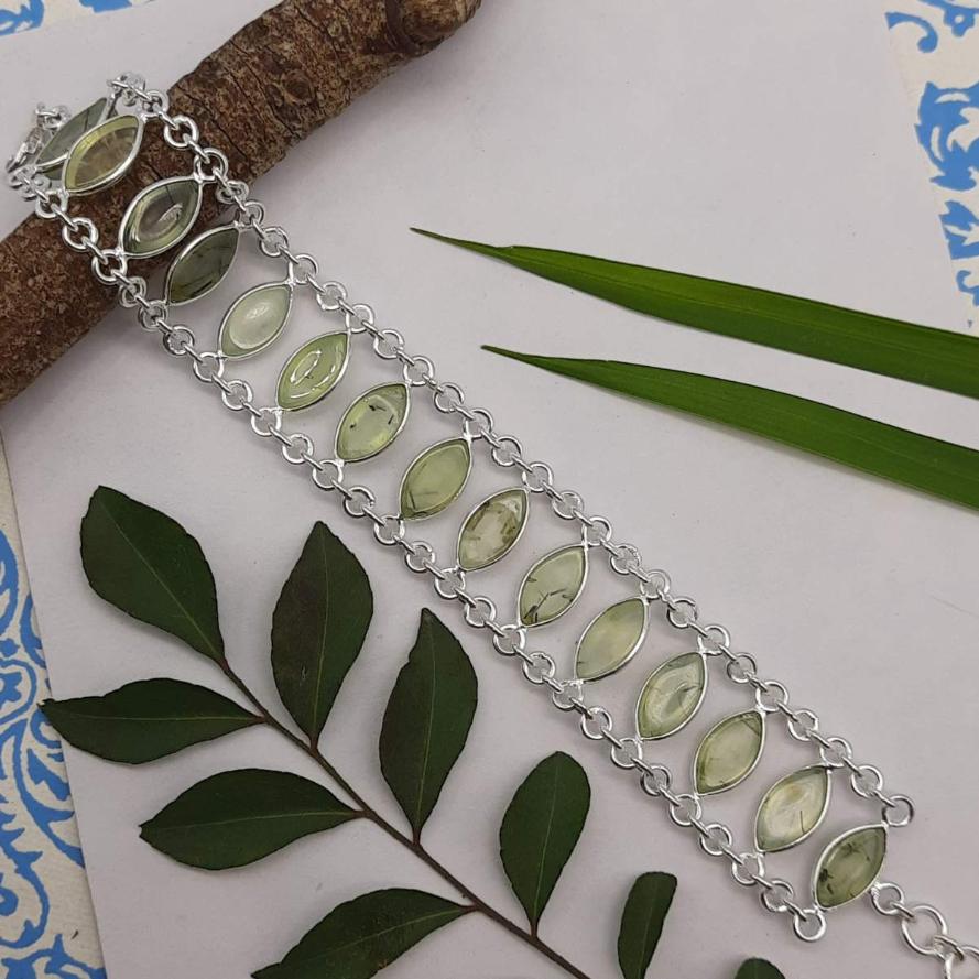 Prehnite Marquise Shape Gemstone Bracelet 925 Sterling Silver Handmade Minimal Style
