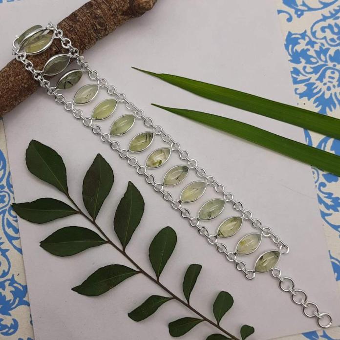 Prehnite Marquise Shape Gemstone Bracelet 925 Sterling Silver Handmade Minimal Style