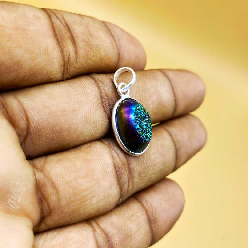 Titanium Druzy 925 Silver Dainty Chain Pendant Necklace
