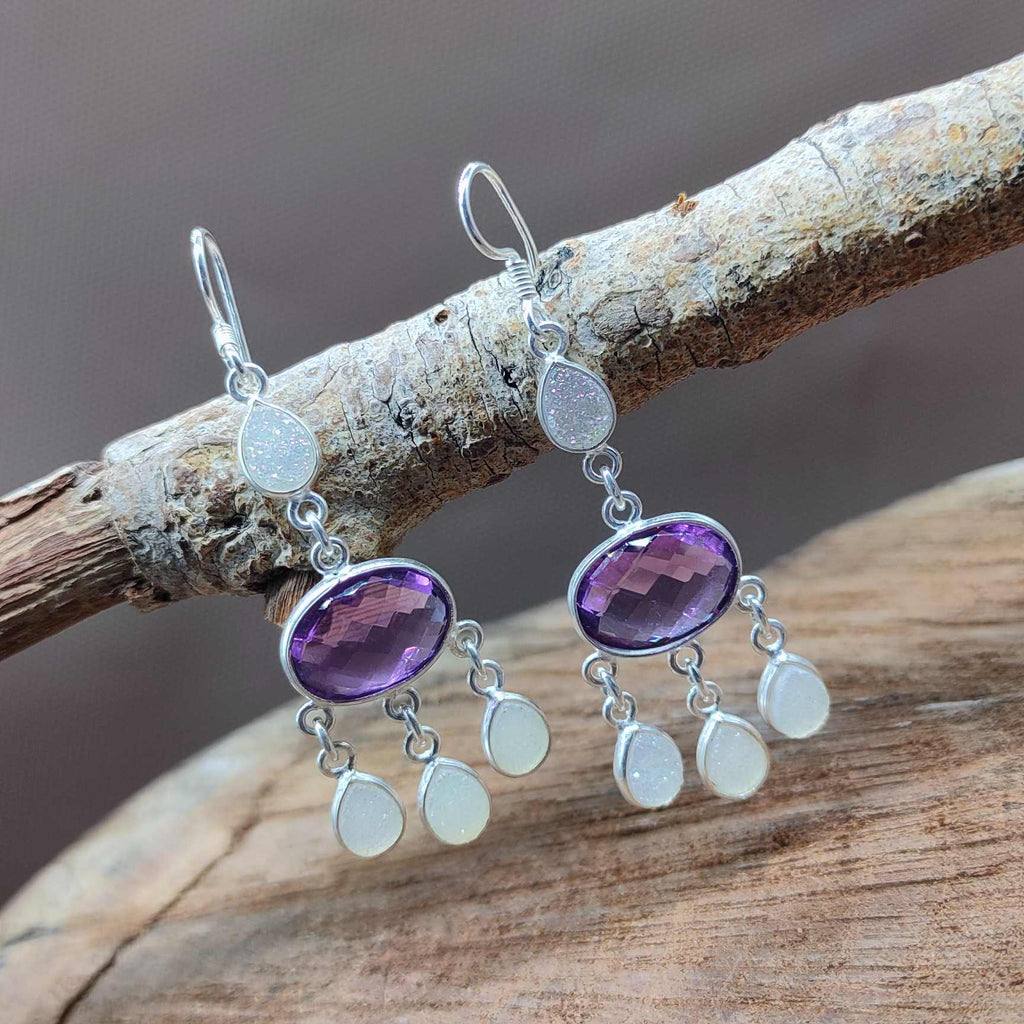 White Druzy & Amethyst Stone 925 Sterling Silver Chandelier Earrings