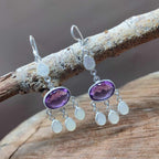 White Druzy & Amethyst Stone 925 Sterling Silver Chandelier Earrings