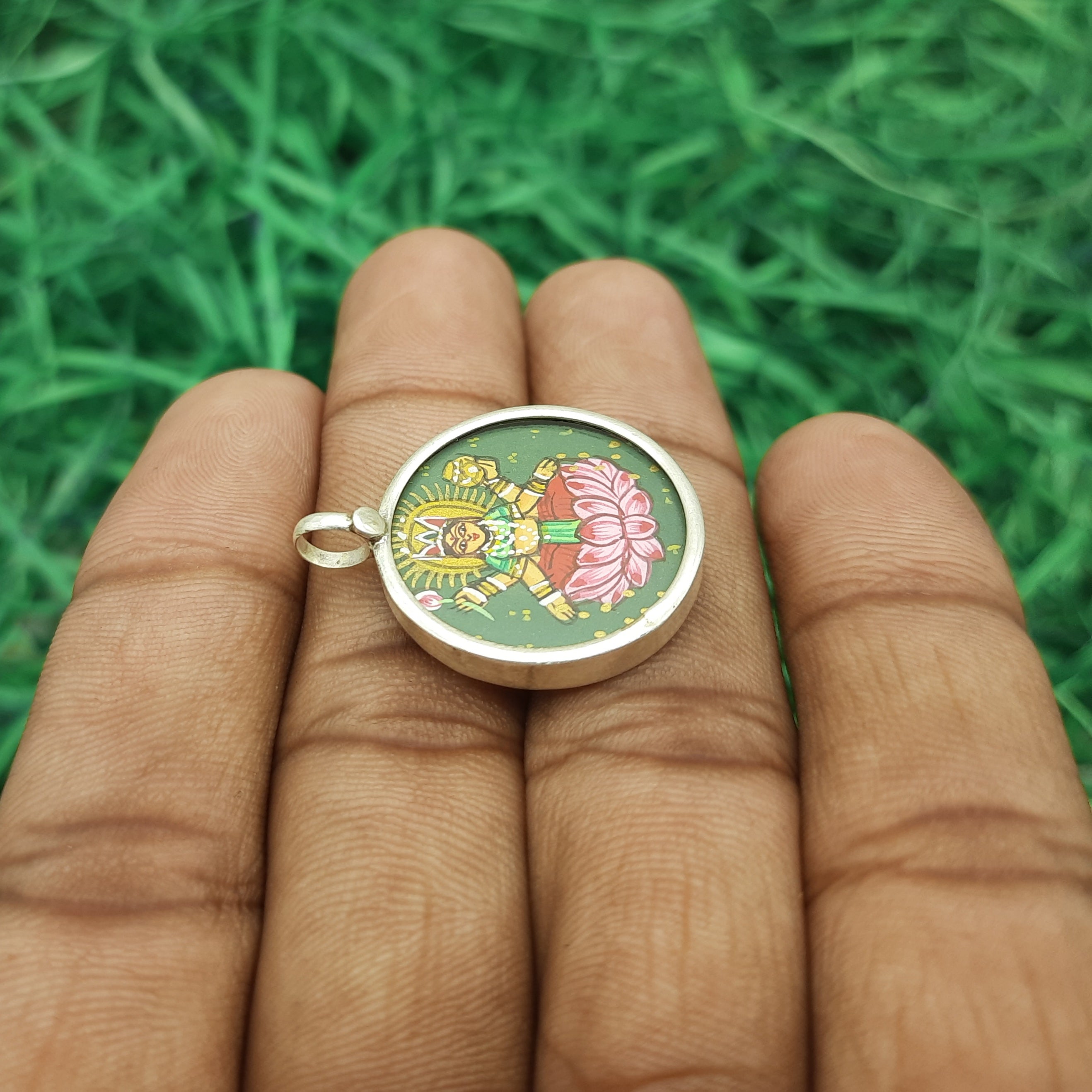 Goddess Saraswati Hand-Painted Pendant in 925 Sterling Silver – Elegant Devotional Charm