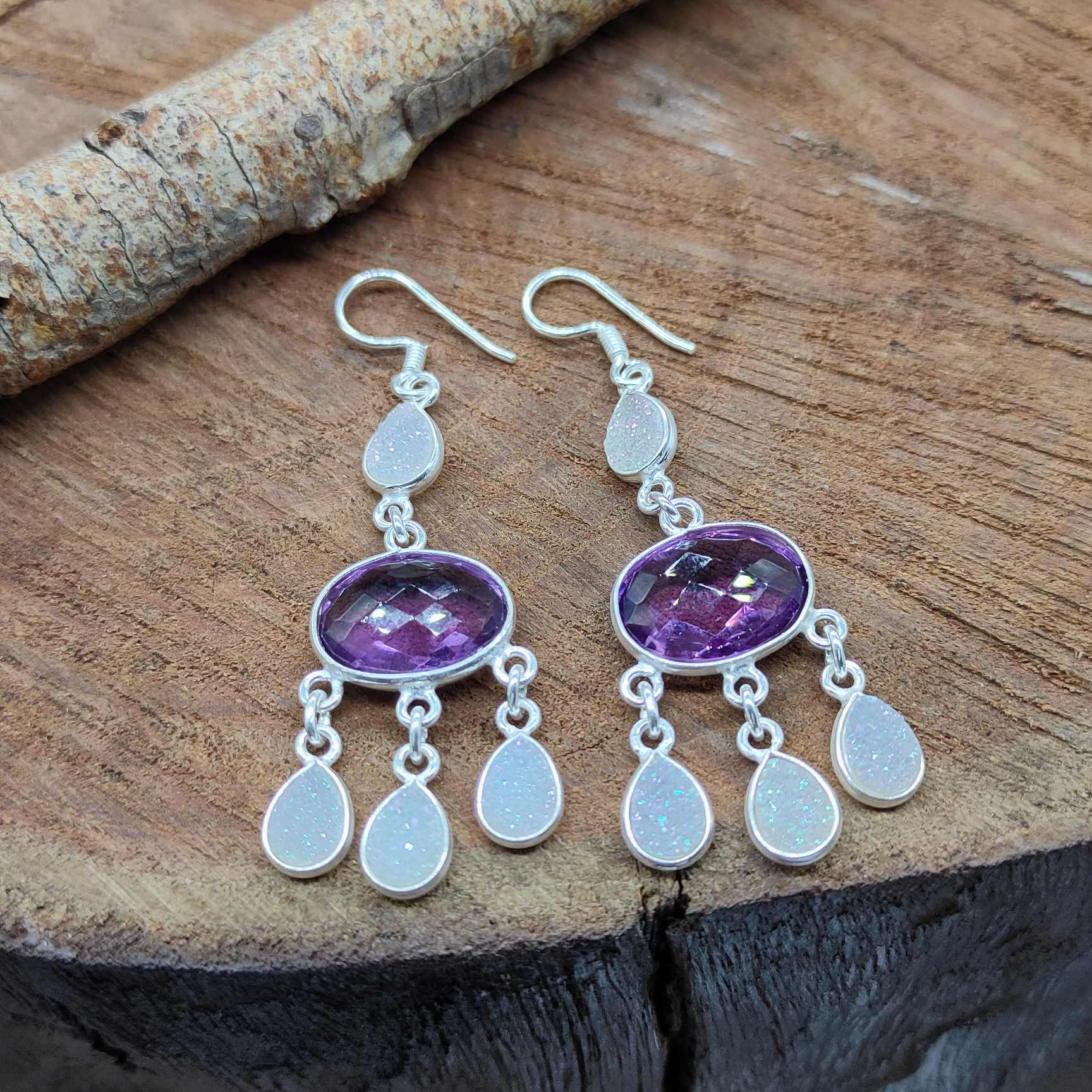 White Druzy & Amethyst Stone 925 Sterling Silver Chandelier Earrings