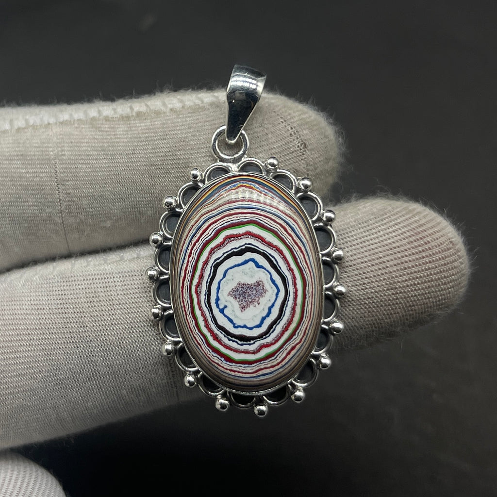 Fordite 925 Silver Hammered Oval Pendant Necklace Gift