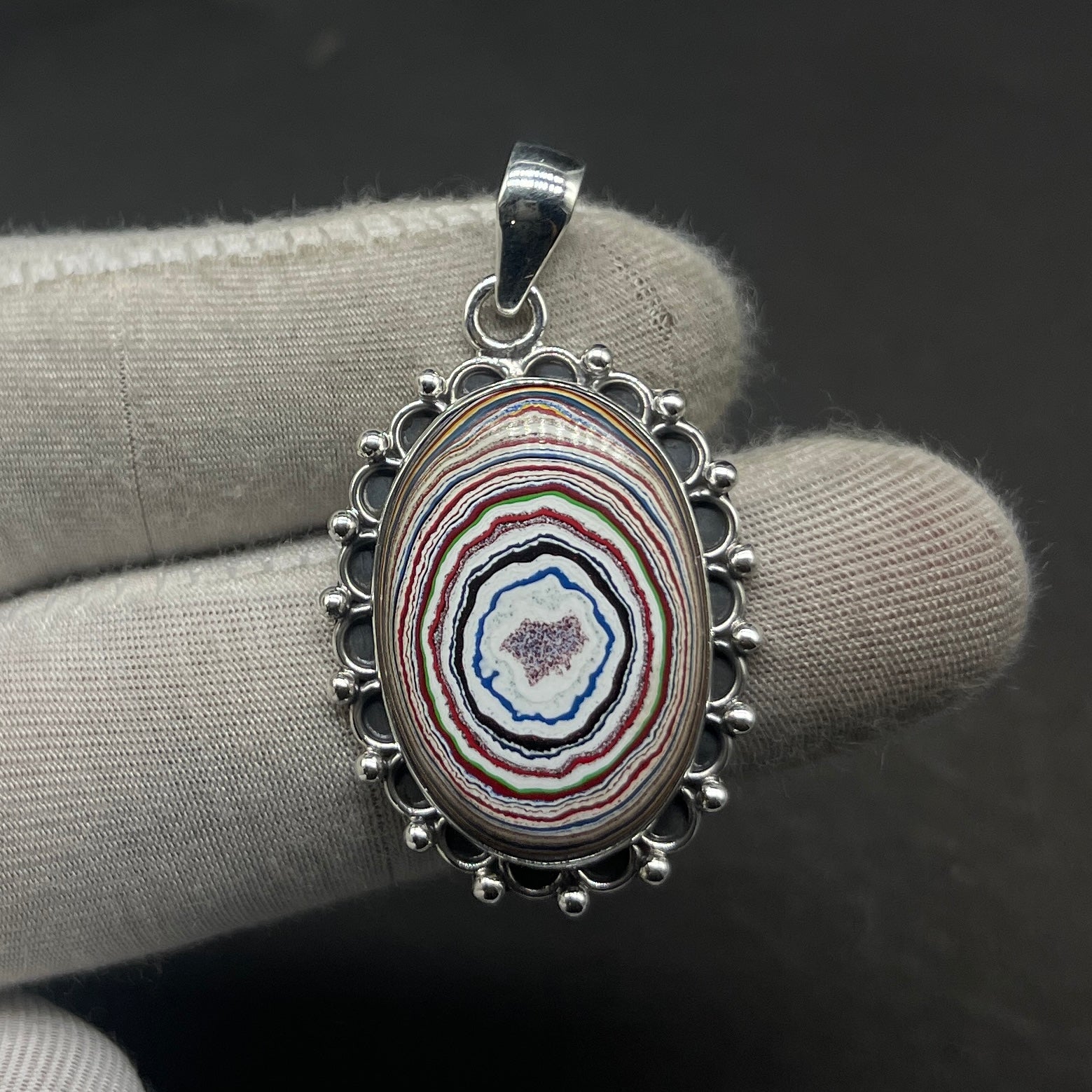Fordite 925 Silver Hammered Oval Pendant Necklace Gift