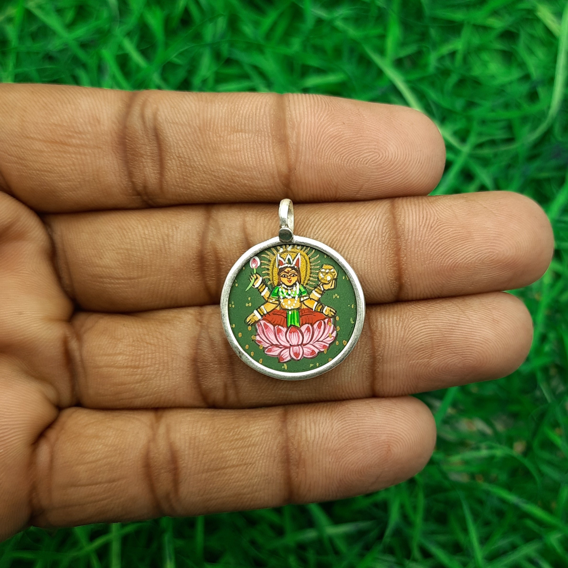 Goddess Saraswati Hand-Painted Pendant in 925 Sterling Silver – Elegant Devotional Charm