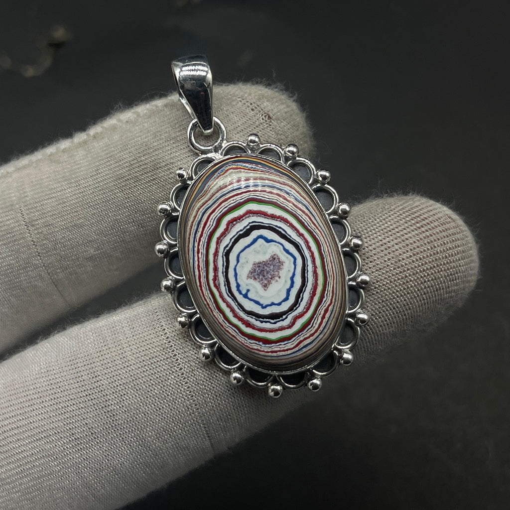Fordite 925 Silver Hammered Oval Pendant Necklace Gift