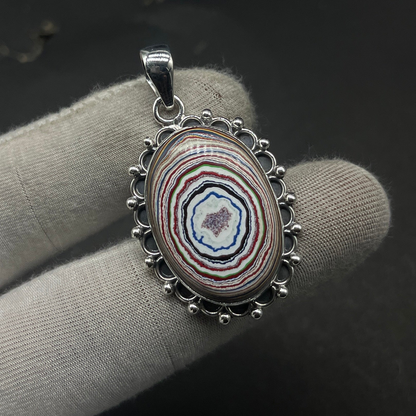 Fordite 925 Silver Hammered Oval Pendant Necklace Gift