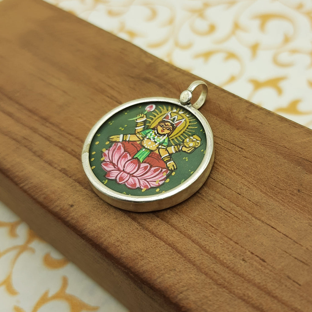 Goddess Saraswati Hand-Painted Pendant in 925 Sterling Silver – Elegant Devotional Charm