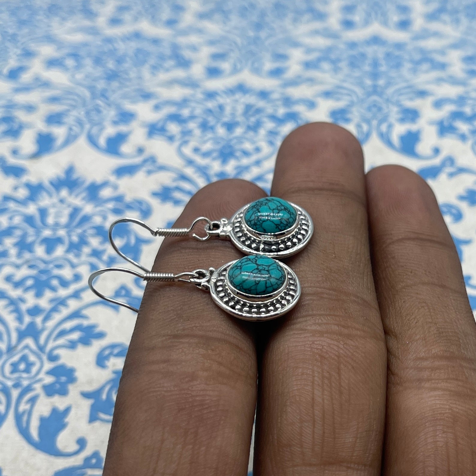 Boho Turquoise Silver Earrings– Artisan Handmade Design