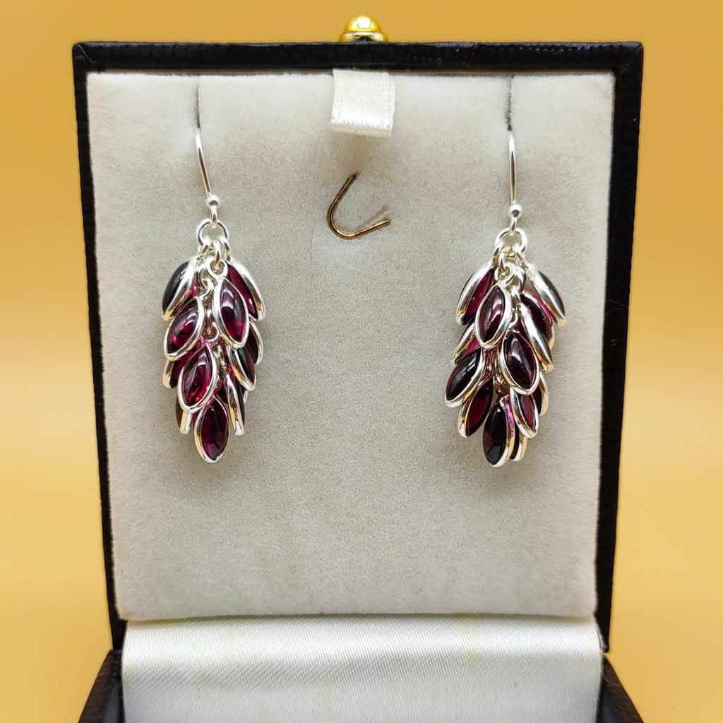 Handcrafted Silver Leaf Cluster Garnet Dangle Earrings