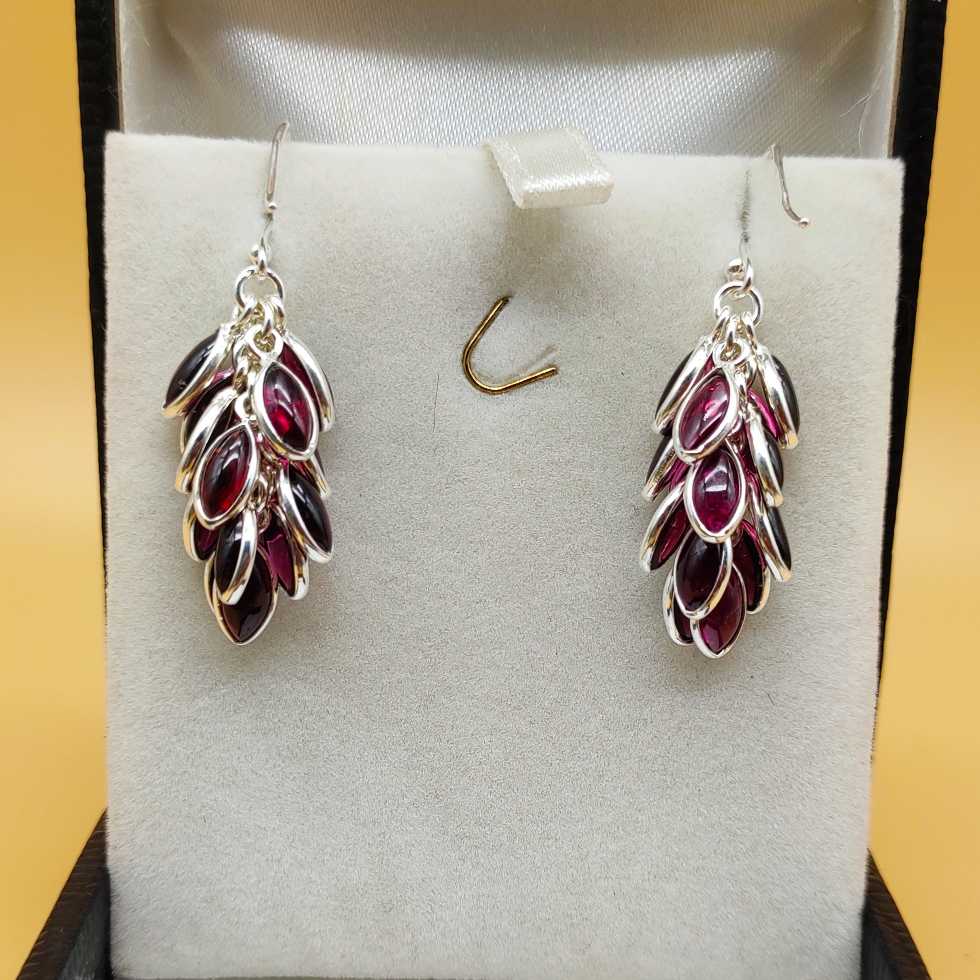 Handcrafted Silver Leaf Cluster Garnet Dangle Earrings