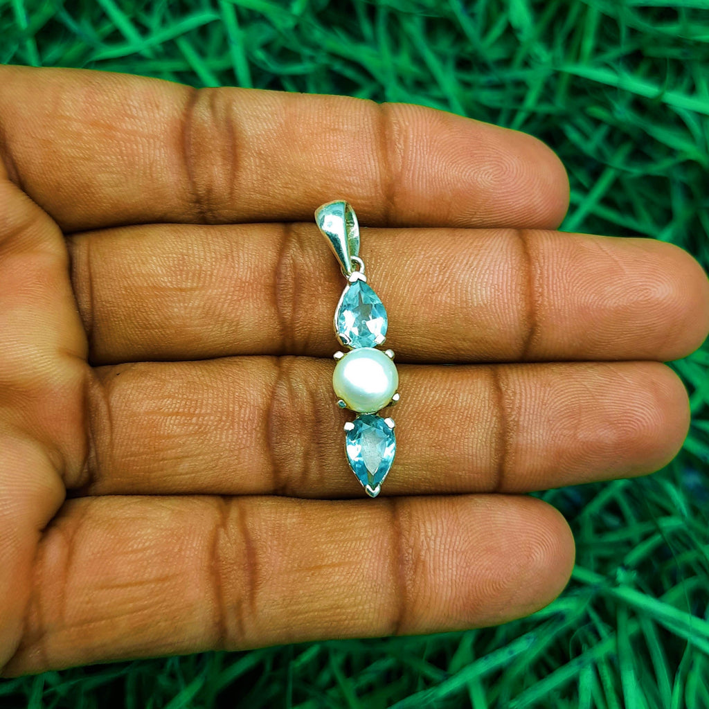 Blue Topaz & Pearl Elegance Pendant – Handmade 925 Silver Designer Bohemian Jewelry