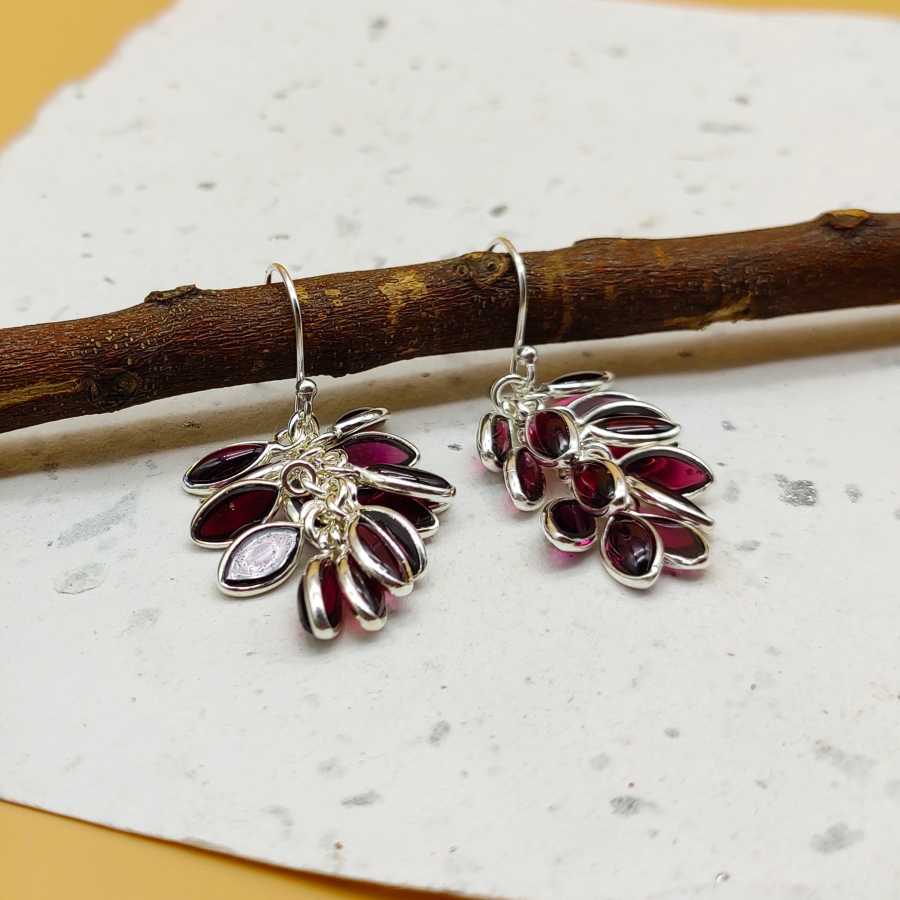 Handcrafted Silver Leaf Cluster Garnet Dangle Earrings