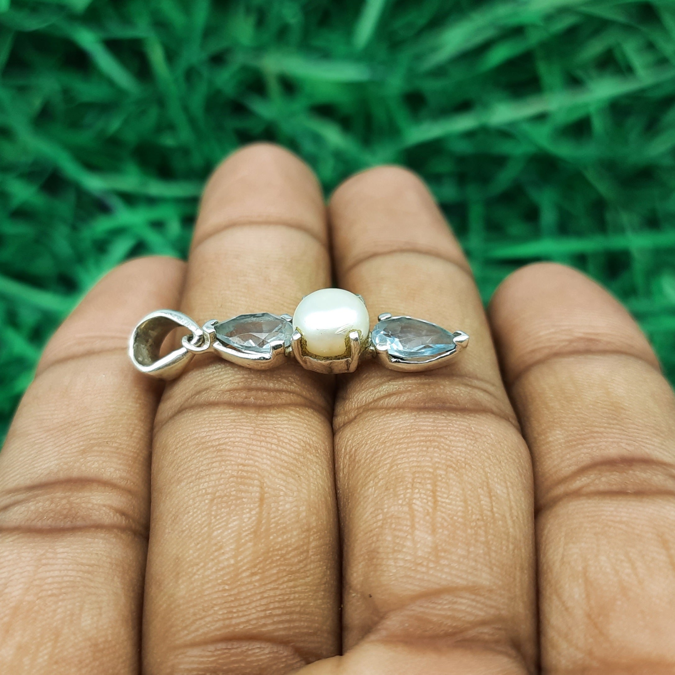 Blue Topaz & Pearl Elegance Pendant – Handmade 925 Silver Designer Bohemian Jewelry