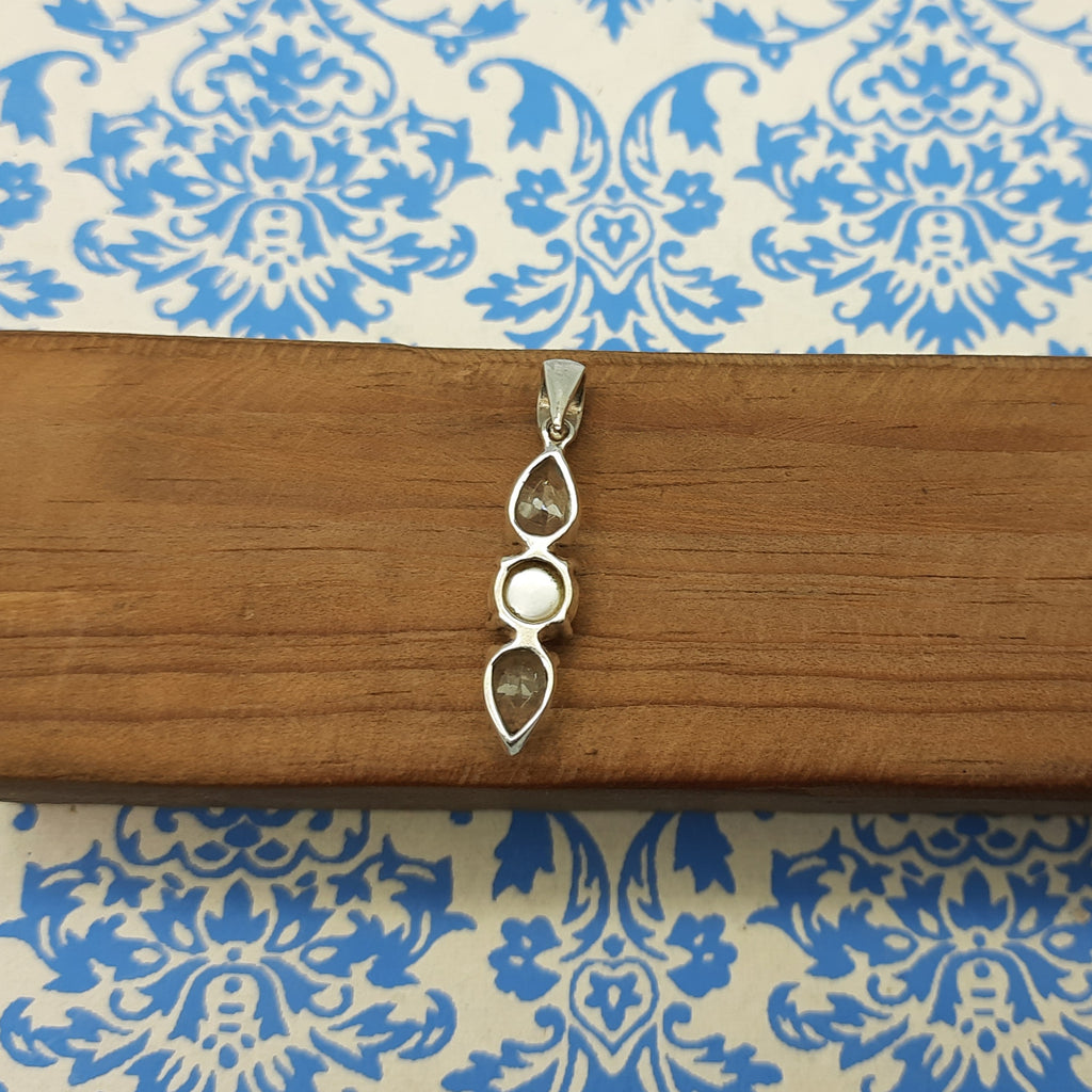 Blue Topaz & Pearl Elegance Pendant – Handmade 925 Silver Designer Bohemian Jewelry