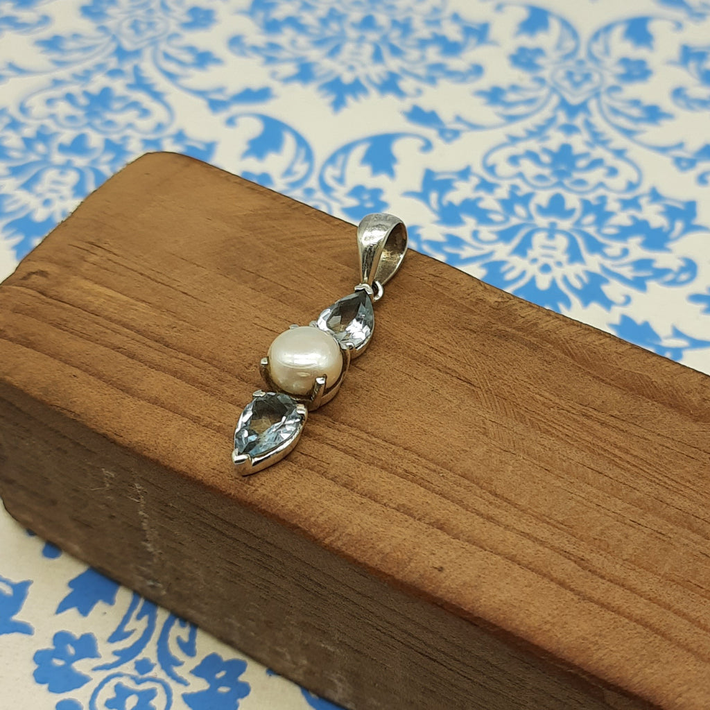 Blue Topaz & Pearl Elegance Pendant – Handmade 925 Silver Designer Bohemian Jewelry