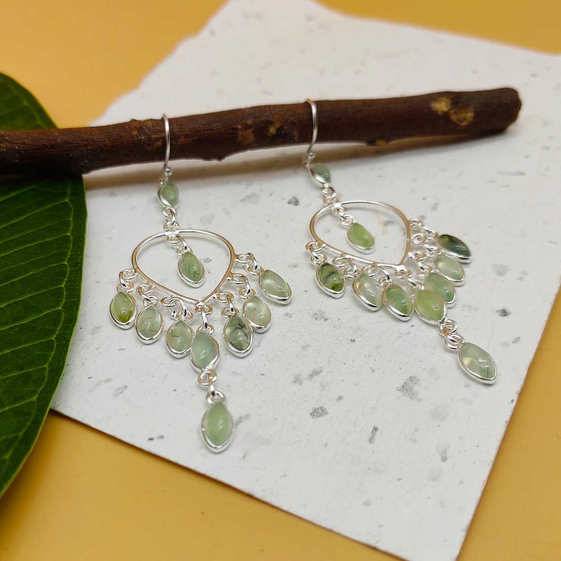 925 Sterling Silver Prehnite Chandelier Earrings