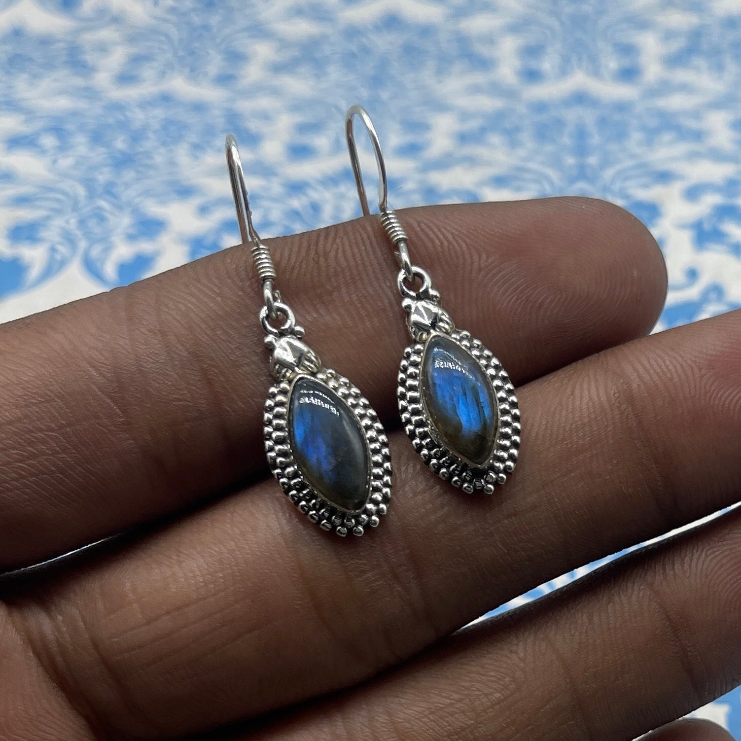 AAA Labradorite Silver Earrings – Blue Flash Statement Design
