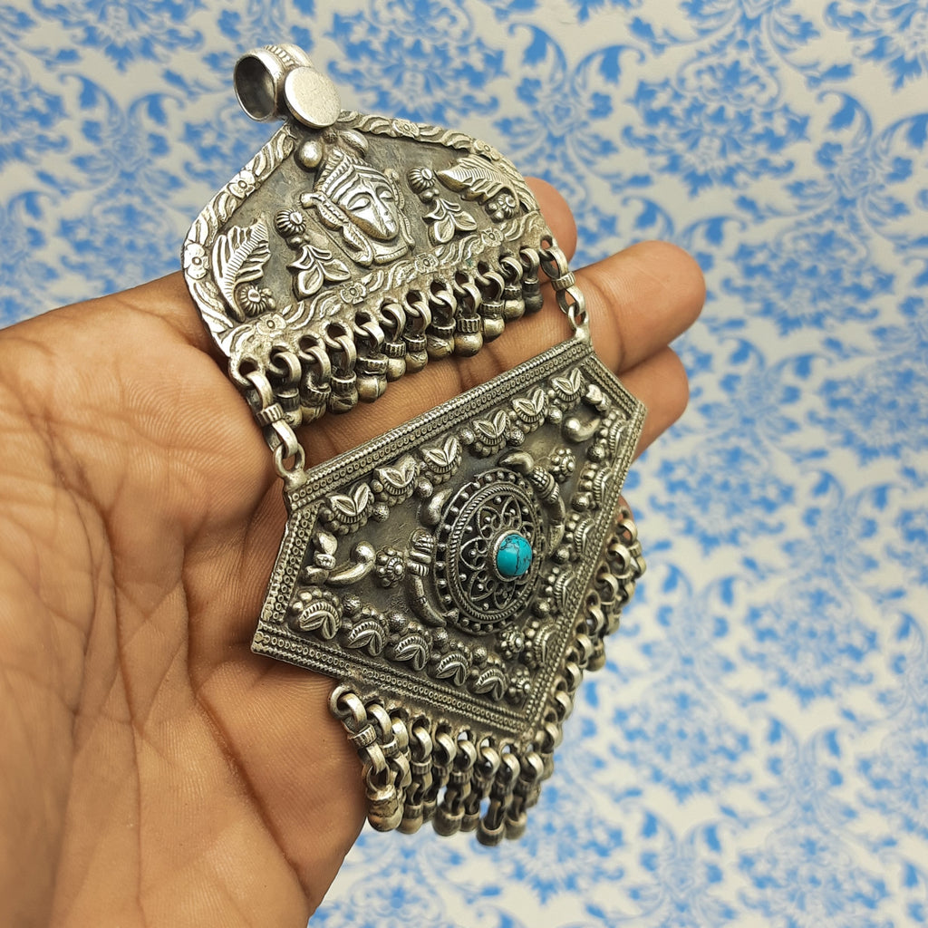 Vintage Face Motif Pendant with Turquoise – Handcrafted Silver Tribal Designer Statement