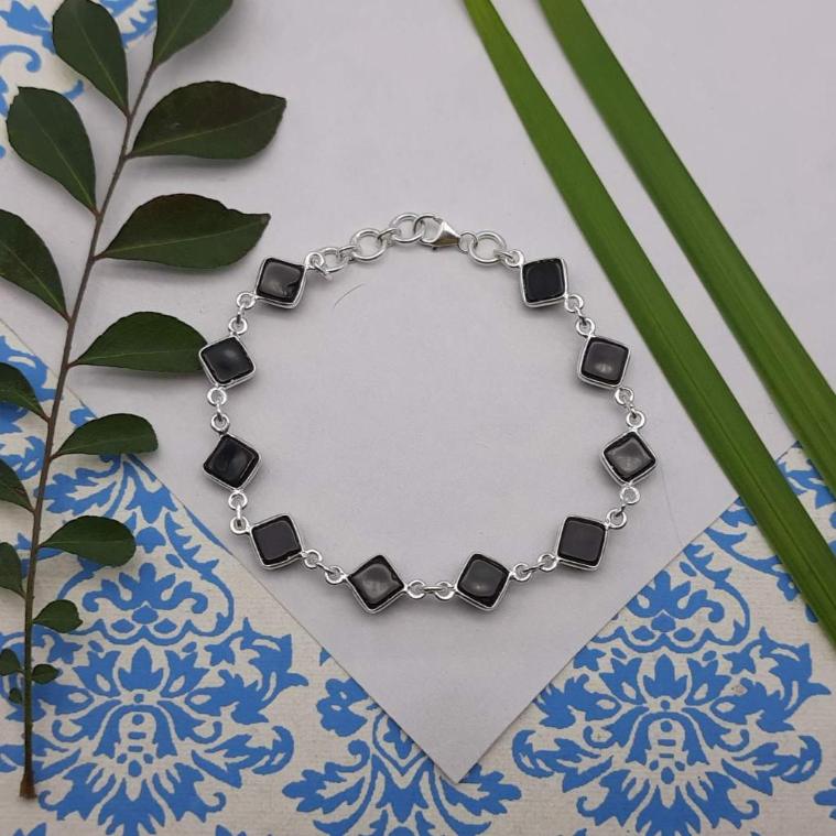 Handmade 925 Sterling Silver Black Onyx Square Cabochon Bracelet