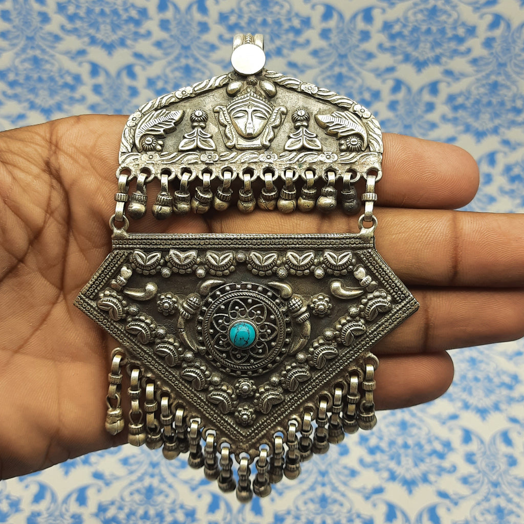 Vintage Face Motif Pendant with Turquoise – Handcrafted Silver Tribal Designer Statement
