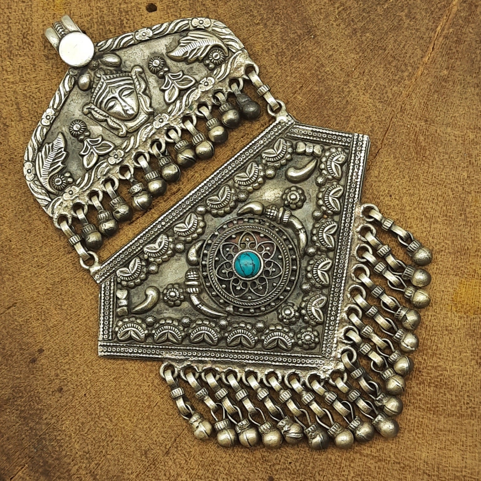 Vintage Face Motif Pendant with Turquoise – Handcrafted Silver Tribal Designer Statement