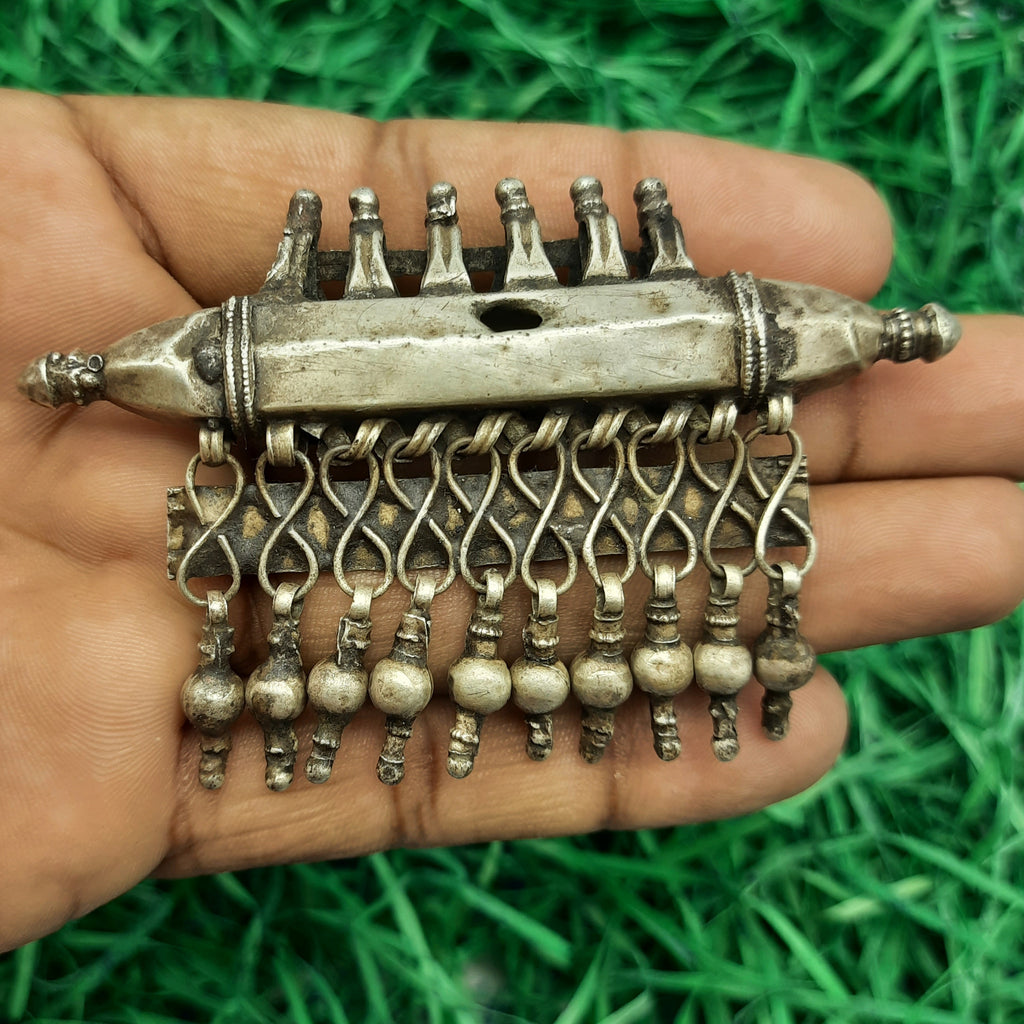 Drum Shape Tribal Pendant with Hanging Charms – Traditional Handmade Silver Ethnic Jewelry