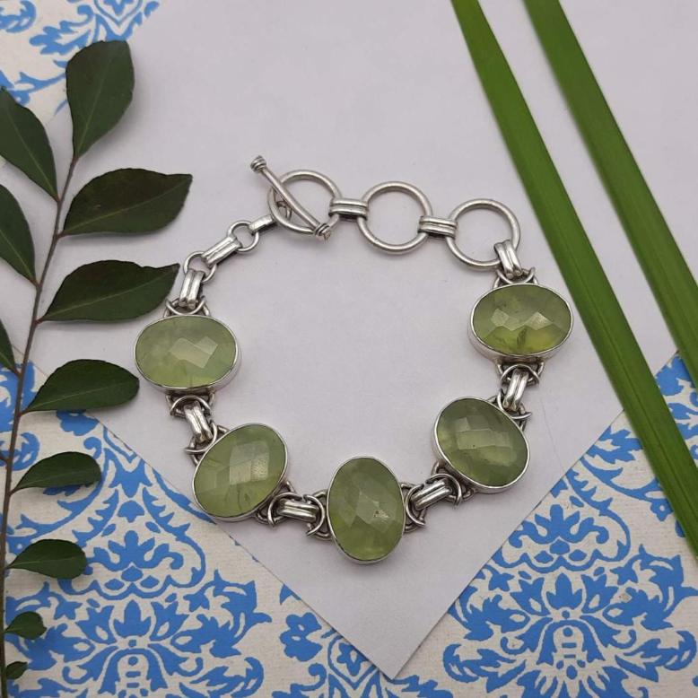 Natural Prehnite Oval Shape Gemstone Bracelet 925 Sterling Silver