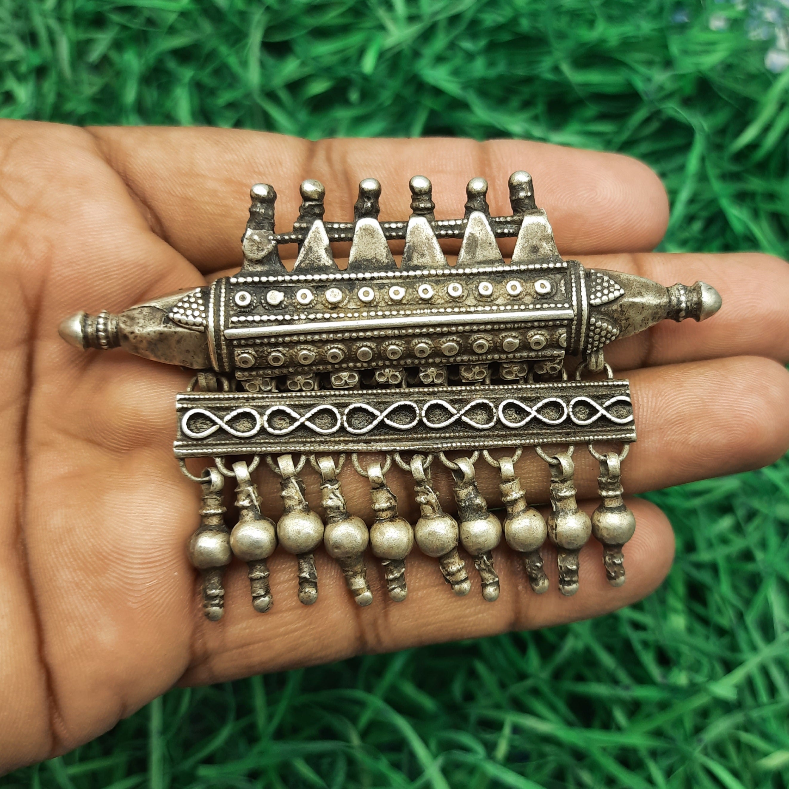 Drum Shape Tribal Pendant with Hanging Charms – Traditional Handmade Silver Ethnic Jewelry