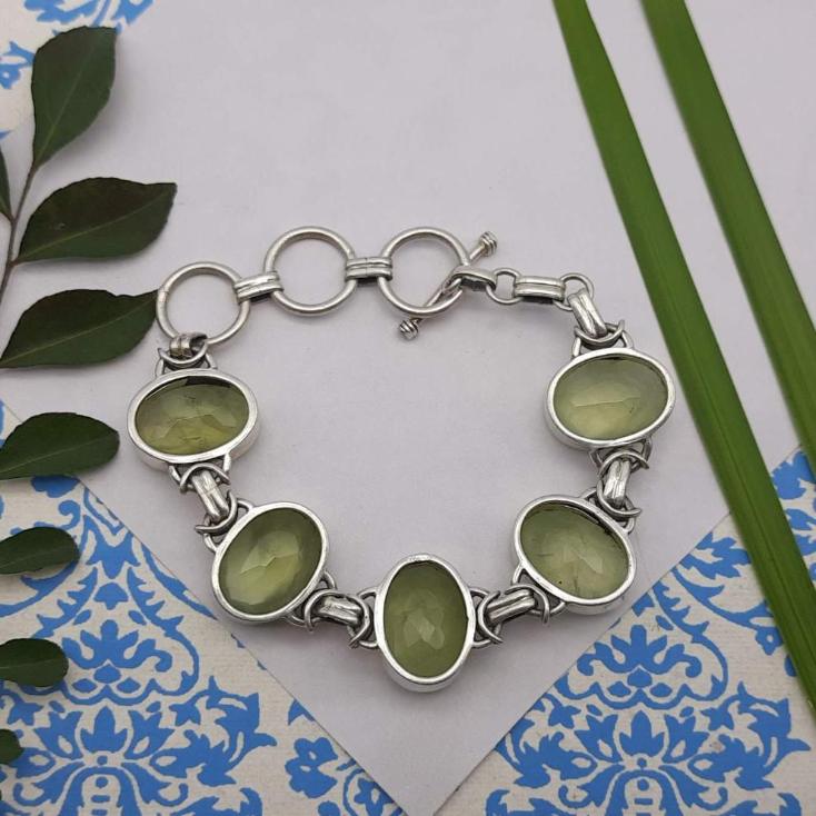 Natural Prehnite Oval Shape Gemstone Bracelet 925 Sterling Silver
