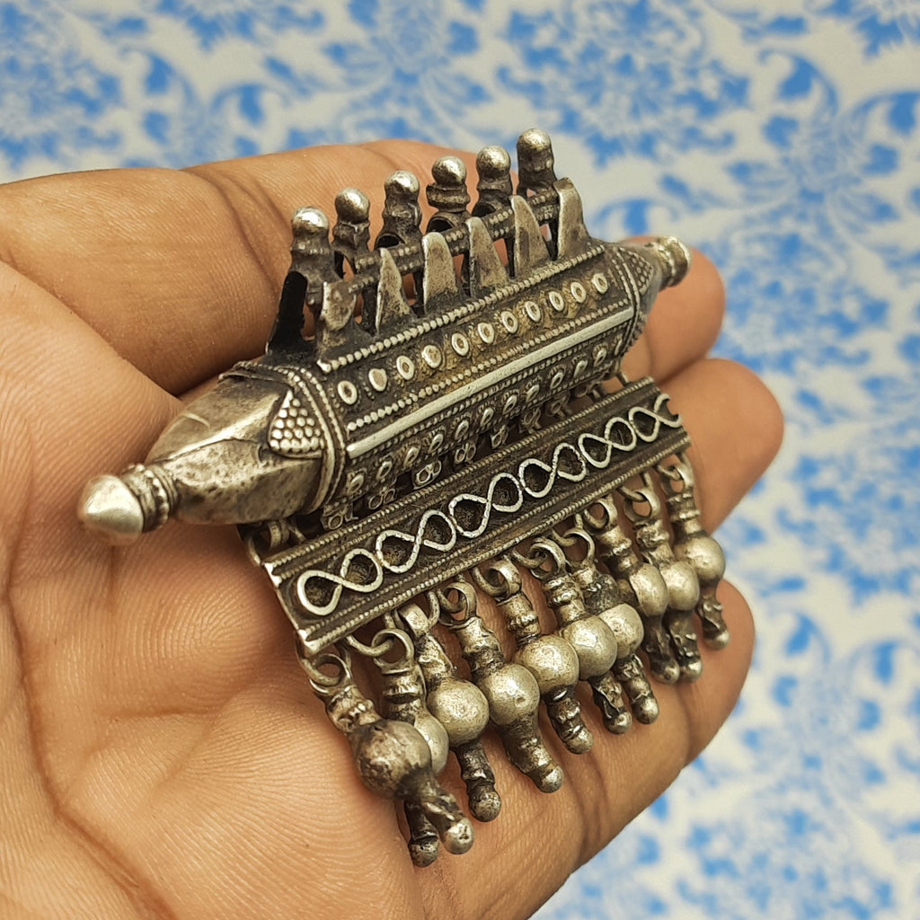 Drum Shape Tribal Pendant with Hanging Charms – Traditional Handmade Silver Ethnic Jewelry
