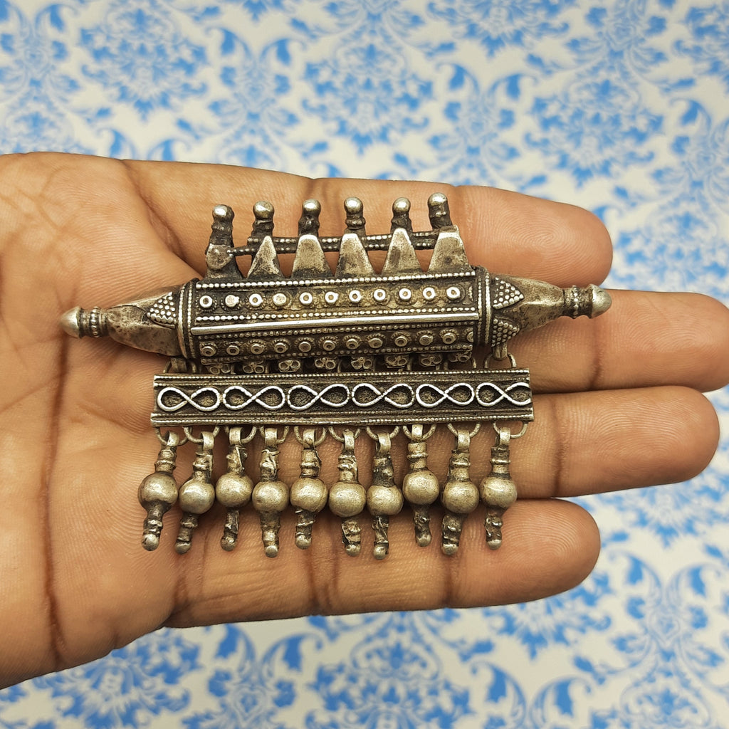 Drum Shape Tribal Pendant with Hanging Charms – Traditional Handmade Silver Ethnic Jewelry