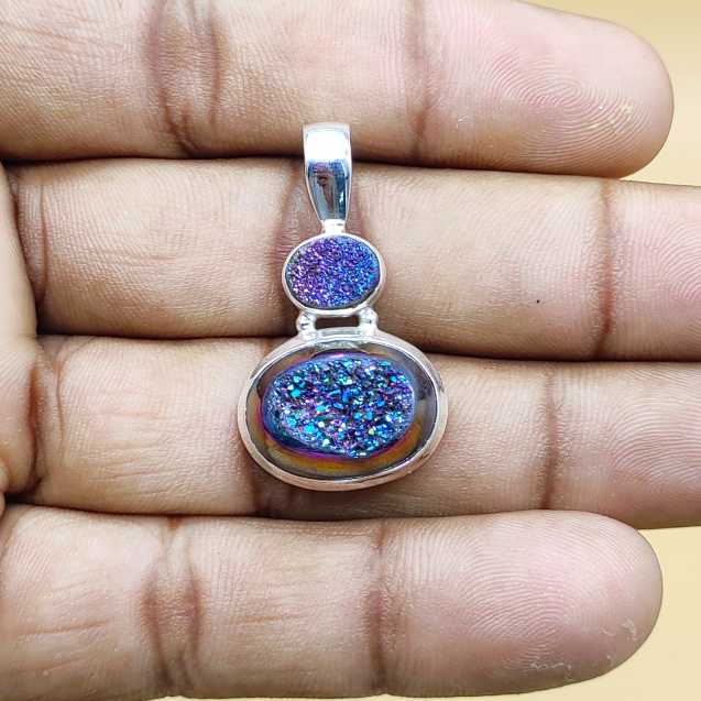 Titanium Druzy 925 Silver Prong Setting Boho Necklace