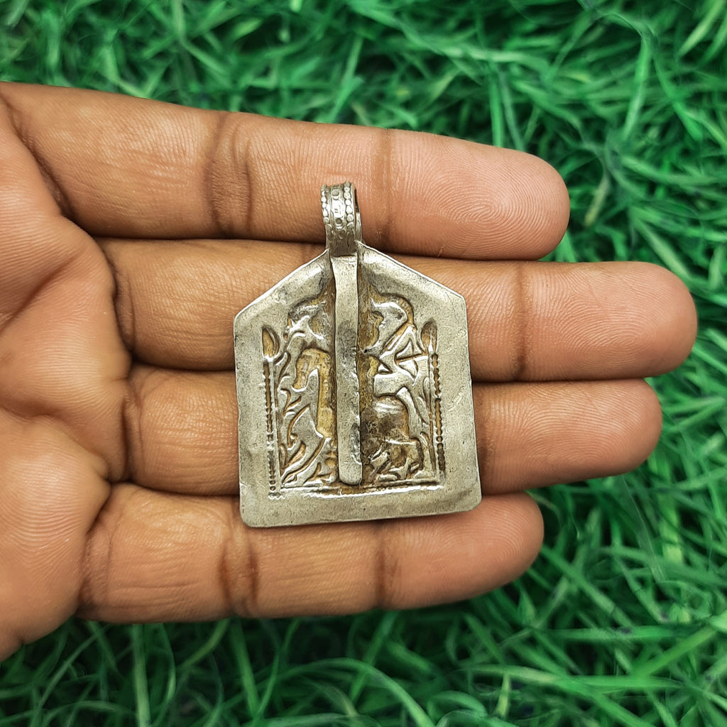 King’s Guard on Horse Motif Pendant – Rajasthani Tribal Protection Symbol Silver Patdi Design