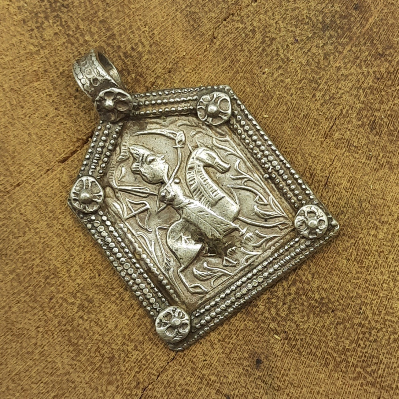 King’s Guard on Horse Motif Pendant – Rajasthani Tribal Protection Symbol Silver Patdi Design