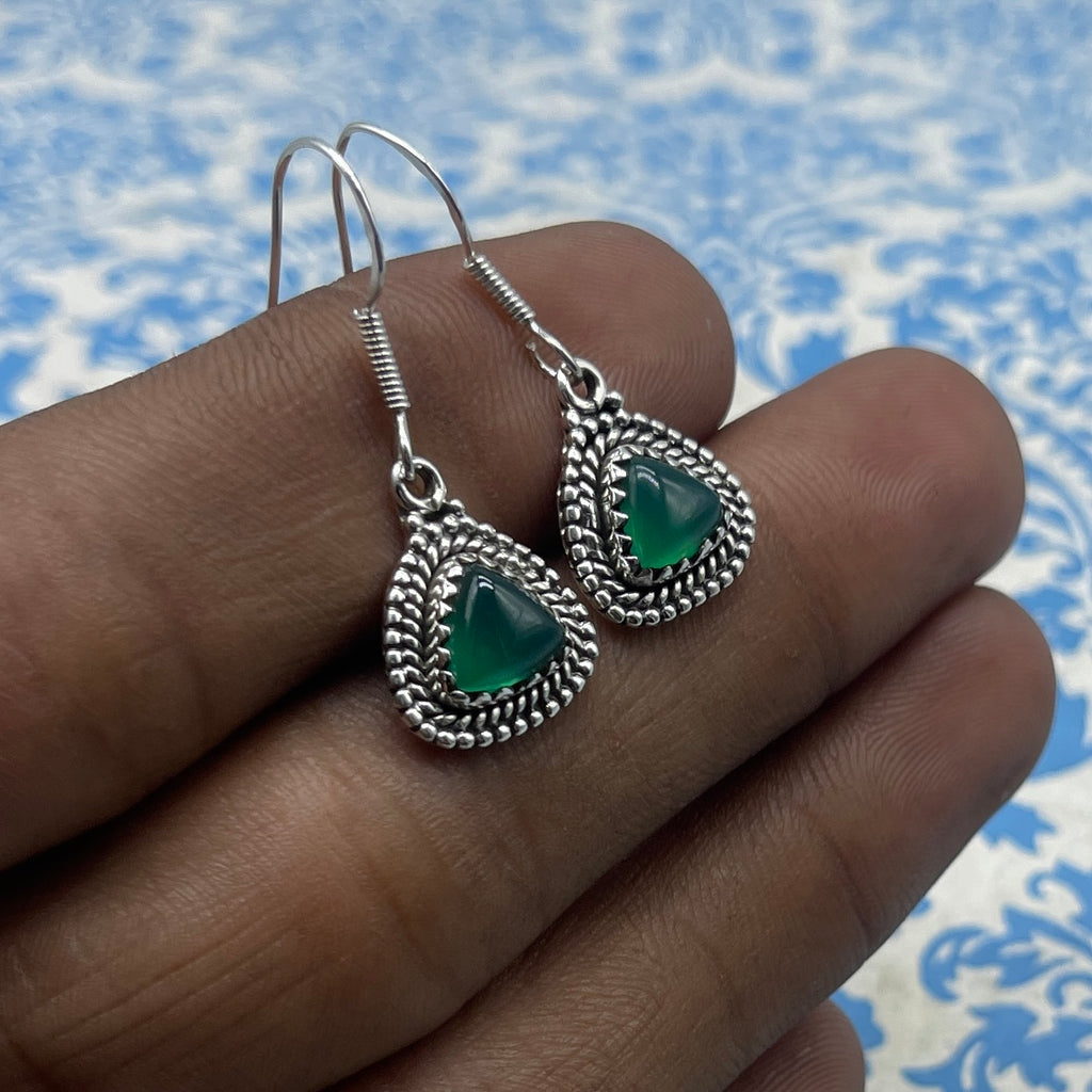 Bohemian Green Onyx Trillion Earrings – Handmade Silver Jewelry