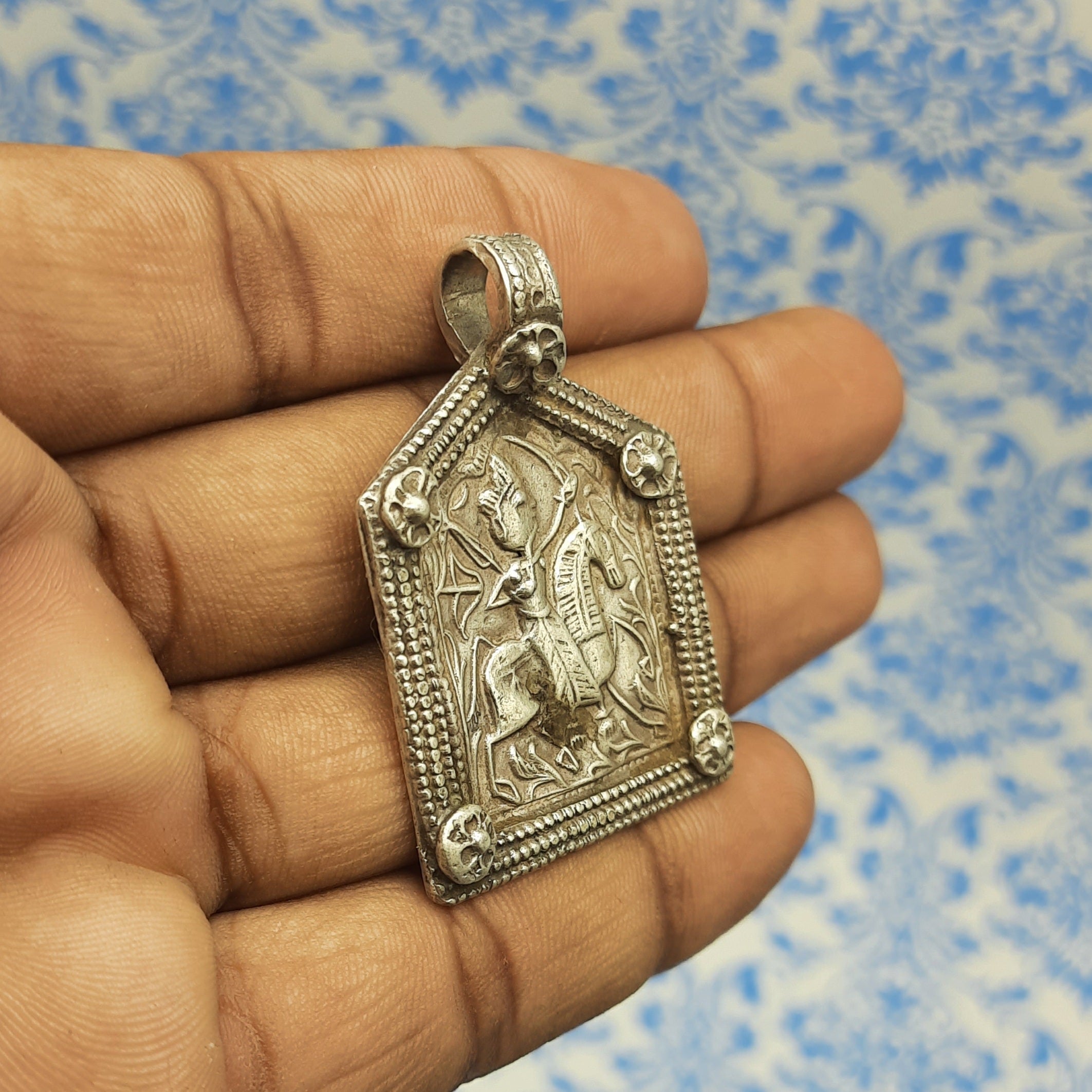 King’s Guard on Horse Motif Pendant – Rajasthani Tribal Protection Symbol Silver Patdi Design