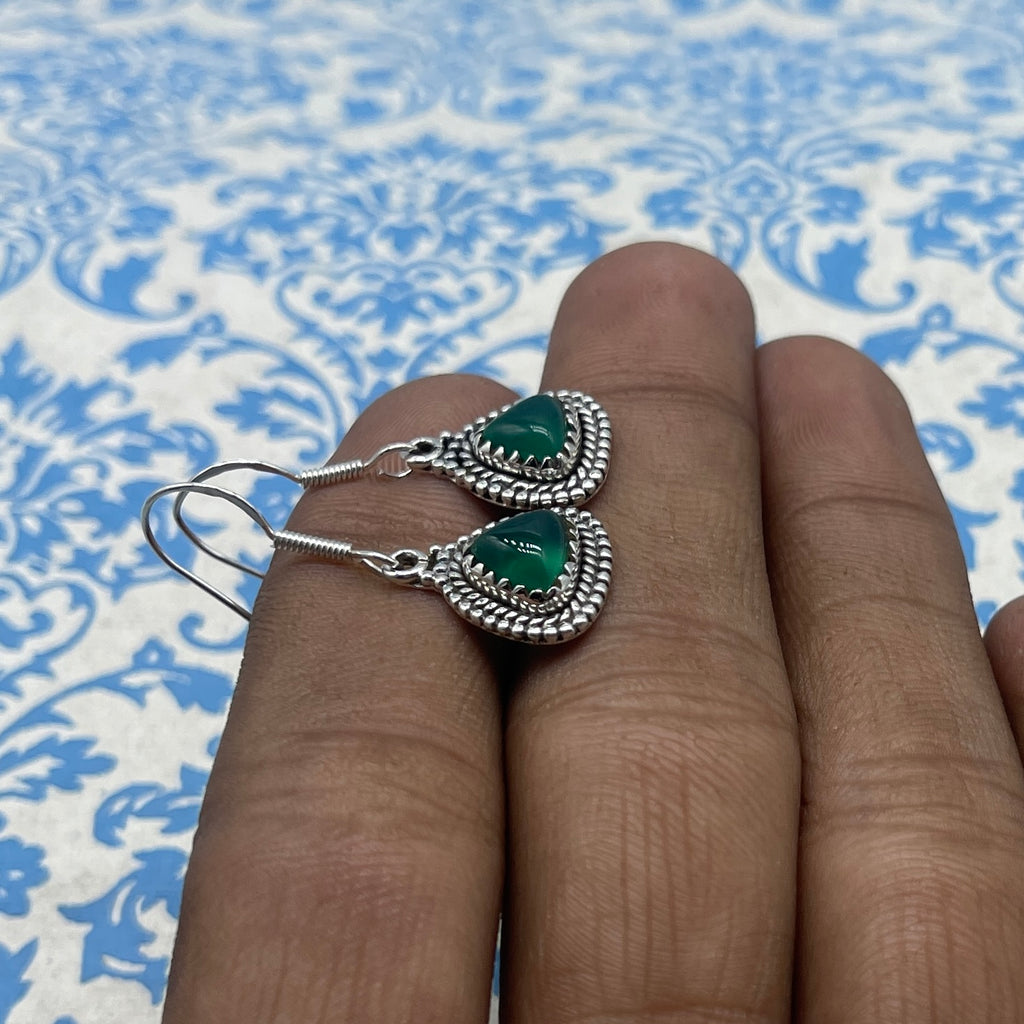 Bohemian Green Onyx Trillion Earrings – Handmade Silver Jewelry
