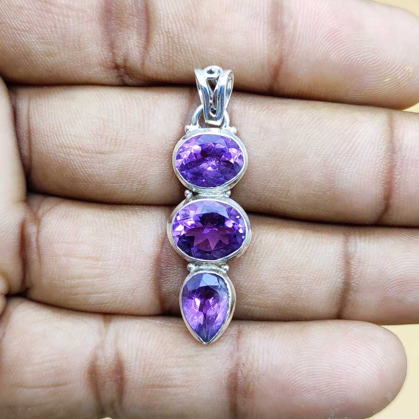 925 Silver Cut Purple Amethyst Necklace Birthstone Gift