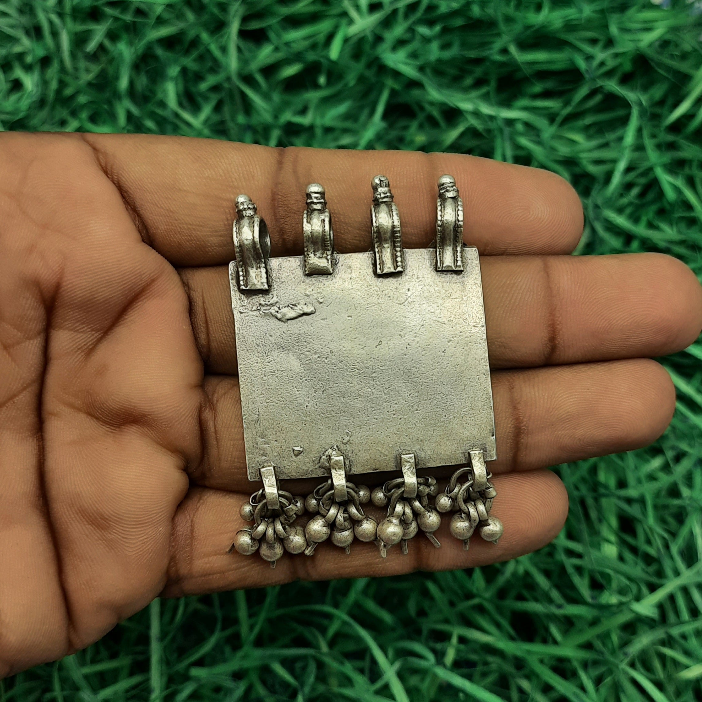 Rectangular Patdi Pendant with Dangling Details – Traditional Handmade Silver Tribal Jewelry