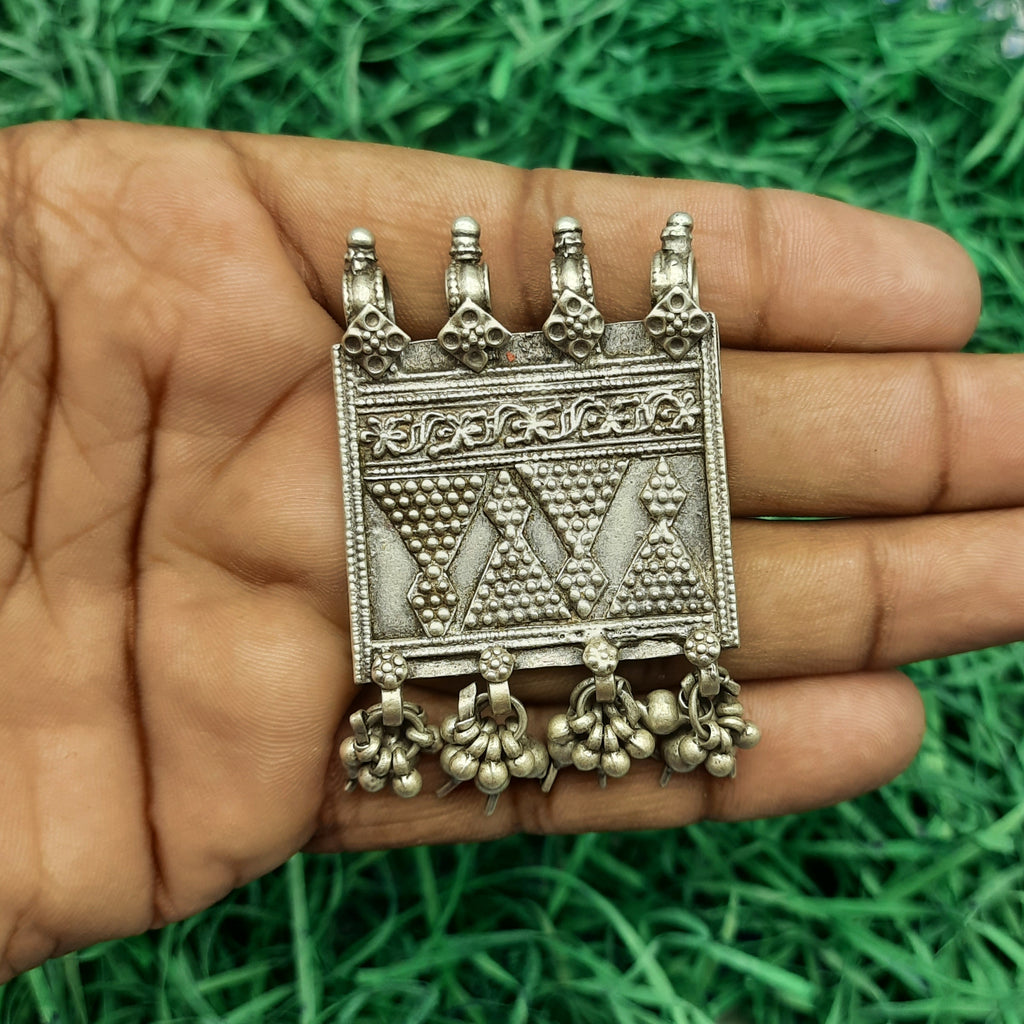 Rectangular Patdi Pendant with Dangling Details – Traditional Handmade Silver Tribal Jewelry